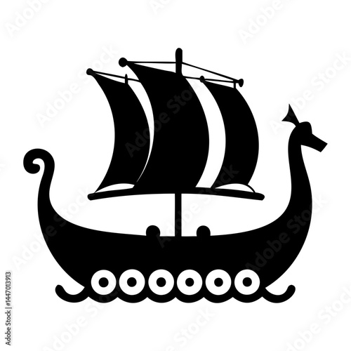 Viking longship boat vector illustration nordic ship sailing vessel black silhouette ancient sea transport icon isolated on transparent background