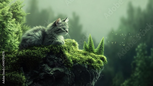 Grey kitten resting on mossy rock in a mystical forest photo