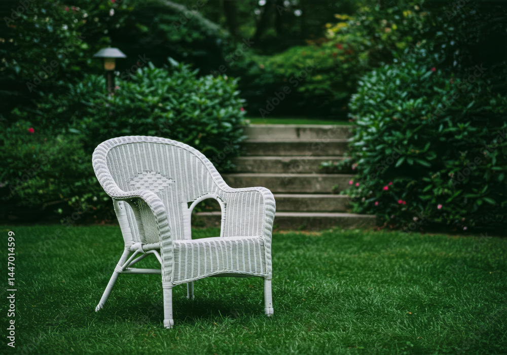 white wicker chair on green grass in serene white wicker chair on green grass in serene
