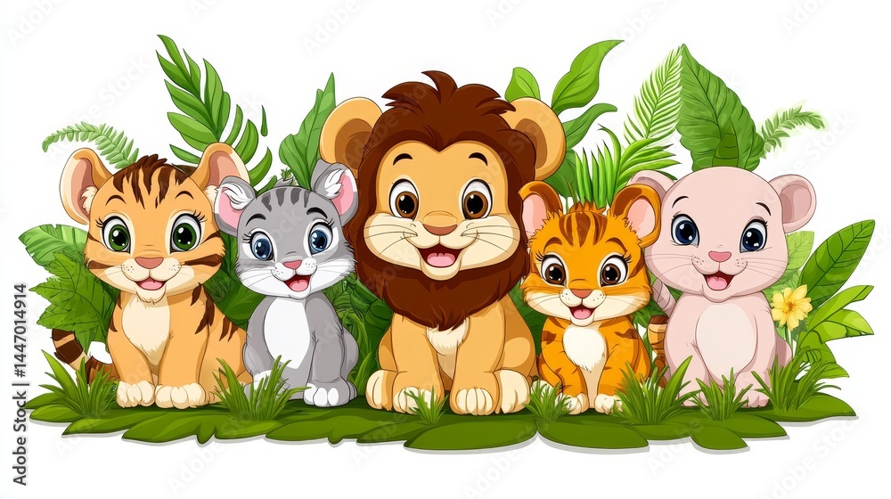 Naklejka premium Enchanting depiction of five endearing baby wild animals nestled among verdant foliage capturing the essence of playful charm and wildlife allure