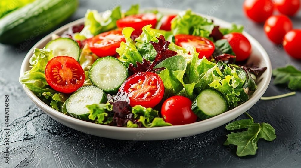 Fresh mixed green salad with cherry tomatoes and cucumbers Fresh mixed green salad with cherry tomatoes and cucumbers