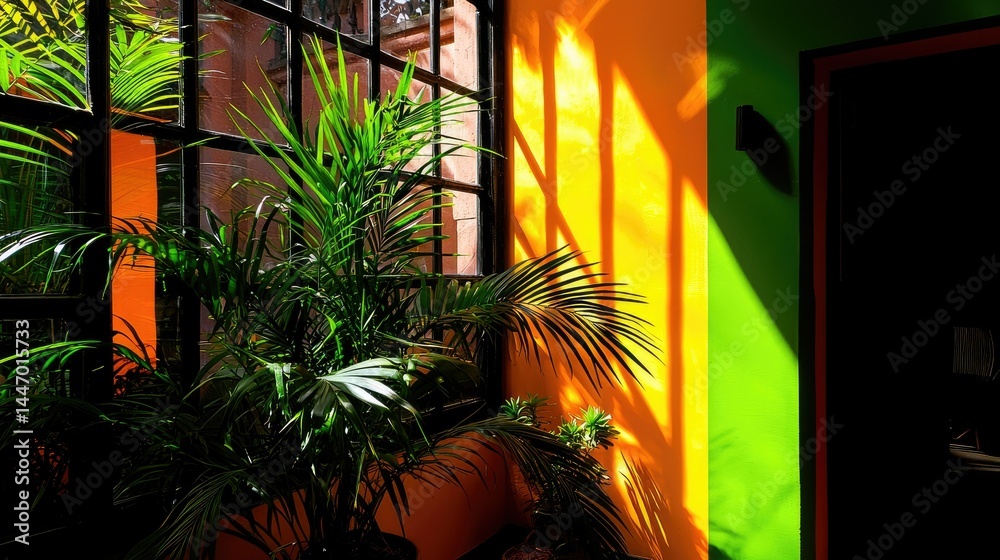 Fototapeta premium Vivid green plant in sunlight with shadows cast on colorful walls