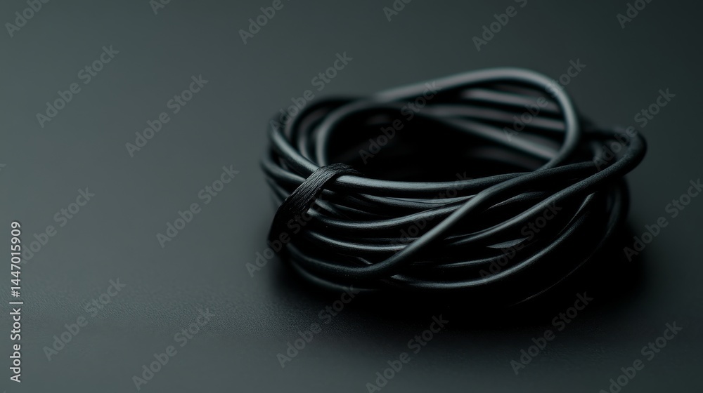 Naklejka premium A coiled dark wire is neatly secured with a band, placed on a solid background that emphasizes its shape and organization, providing ample copy space