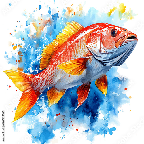 illustration of Red Snapper Gliding Through The, watercolor vector, isolated on a white background.