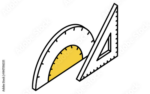 Simple line drawing icon of a triangular ruler and protractor used in arithmetic, isometric illustration