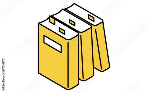 Simple line drawing icon of several books with sticky notes, isometric illustration