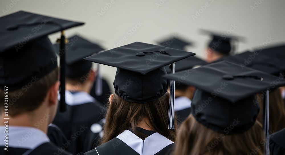 Rear view of a group of graduates in black graduation gowns and mortarboards, celebrating their academic achievements at a commencement ceremony. Rear view of a group of graduates in black graduation gowns and mortarboards, celebrating their academic achievements at a commencement ceremony.