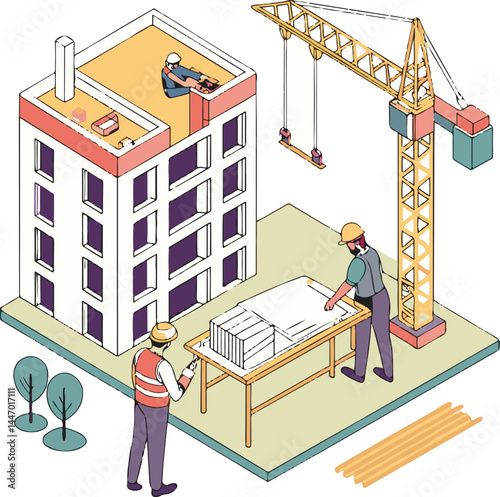 Construction Site with Crane and Workers – Building Architecture and Engineering Project Illustration