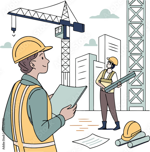 Architects at Construction Site with Crane – Engineering and Urban Development Illustration