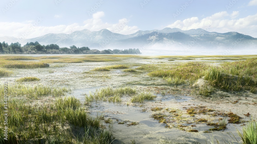 Intertidal wetland with vegetation during low tide in a coastal environment. Intertidal wetland with vegetation during low tide in a coastal environment.