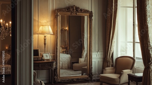 Elegant, ornate room with antique mirror reflecting a luxurious interior