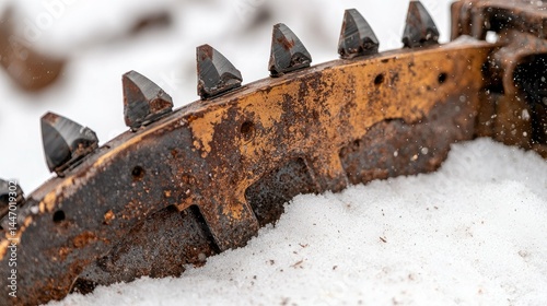 Close up view of a rusty metal object with pointy teeth