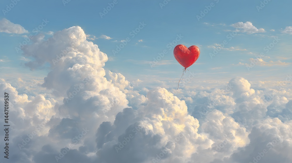 Fototapeta premium Red heart balloon amidst clouds