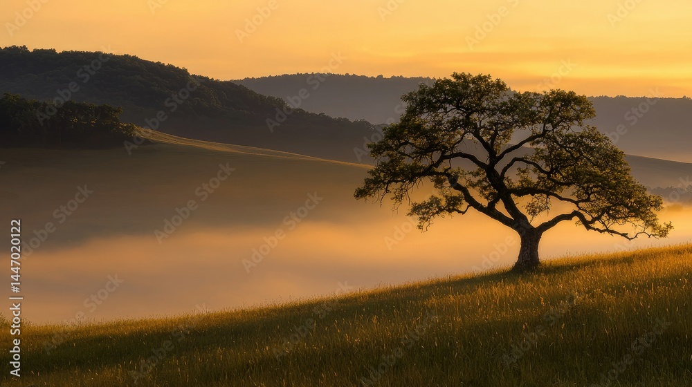 A majestic oak tree on a grassy hillside during sunset A majestic oak tree on a grassy hillside during sunset
