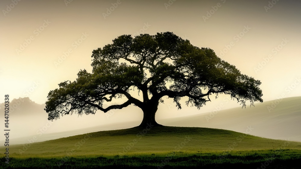 Fototapeta premium A beautiful large tree silhouetted on a grassy hill during the day