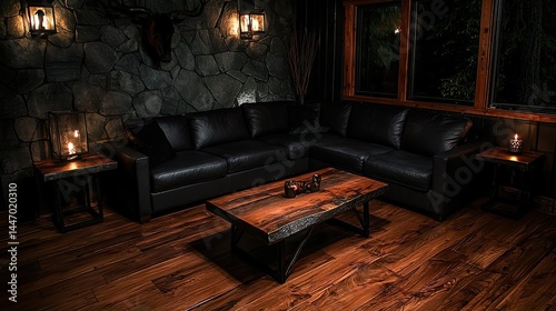 Wallpaper Mural A luxurious living room interior with a black leather sectional Torontodigital.ca