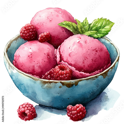 illustration of Raspberry Sorbet With Mint Garnish, watercolor vector, isolated on a white background.