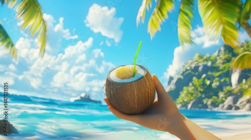 A sun-kissed hand holding a fresh coconut with a straw against a tropical beach backdrop.