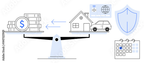 Scales balancing money with house, car, protection shield, internet security, and calendar reminders. Ideal for finance, insurance, budgeting, real estate planning risk management saving