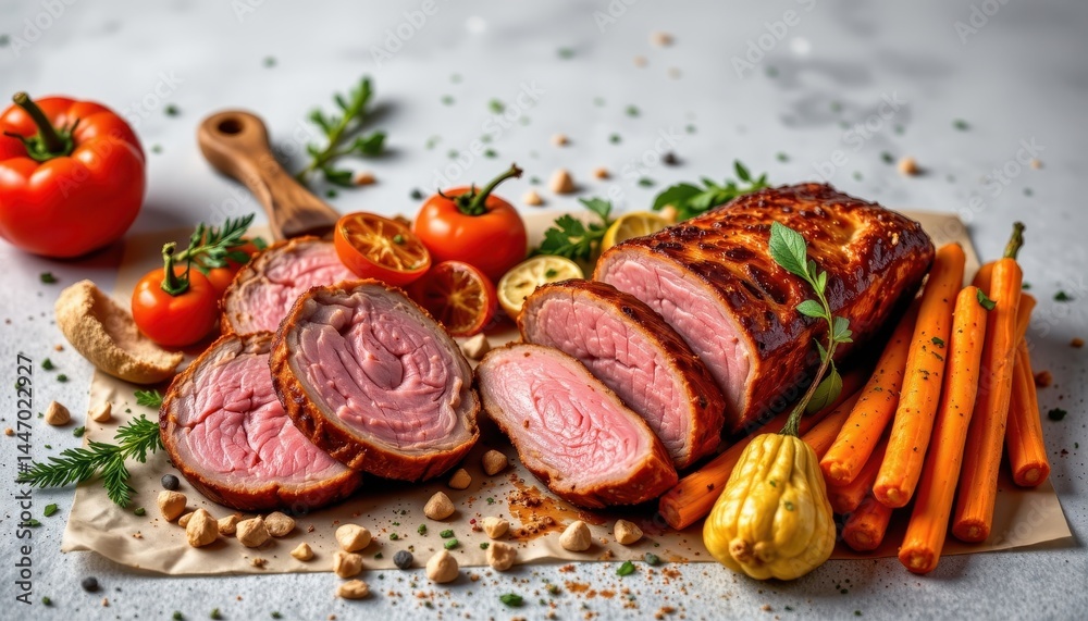 Vibrant pork set in the left center corner on a light gray background, in a modern food photography style, with golden warmth, open space, high resolution Vibrant pork set in the left center corner on a light gray background, in a modern food photography style, with golden warmth, open space, high resolution
