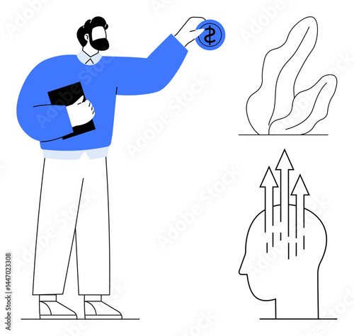 Man holding a folder, placing a coin symbolizing investment. Nearby, a head with arrows signifies growth and innovation, with abstract plants. Ideal for entrepreneurship, economy, finance