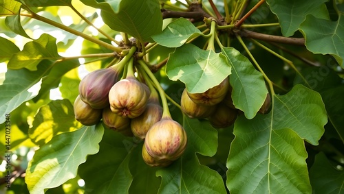Ripening figs nestled among bold green leaves in soft, glowing sunlight.
