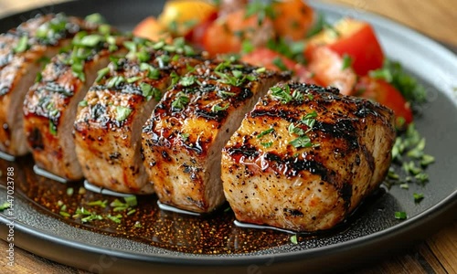 Succulent grilled chicken breast served with fresh diced tomatoes and herbs on a black plate