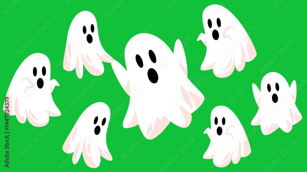 Fun floating fly group of ghost spirit covered in white sheet cute funny haunted spooky spirit cartoon characters in green screen chromakey Fun floating fly group of ghost spirit covered in white sheet cute funny haunted spooky spirit cartoon characters in green screen chromakey