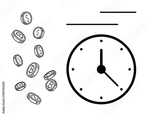 Falling coins beside a clock face conveying the relationship between time and money. Ideal for finance, time management, efficiency, productivity, savings, budgeting, investment. Flat simple metaphor
