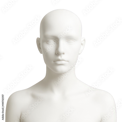 Close-up view of a clean white mannequin head and upper body, featuring smooth, featureless contours for retail display purposes.