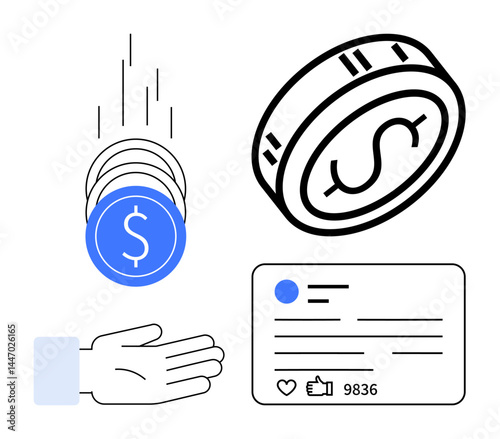 Falling coins into an open hand, a large coin with a dollar sign, and a social media post highlight payment concepts. Ideal for online transactions, marketing strategy, fintech solutions, digital