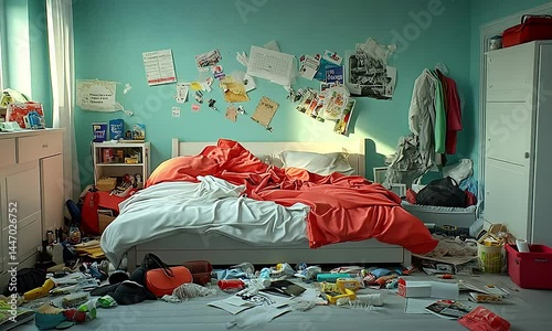 Chaotic adolescent bedroom interior reflecting messy lifestyle and disorganized space