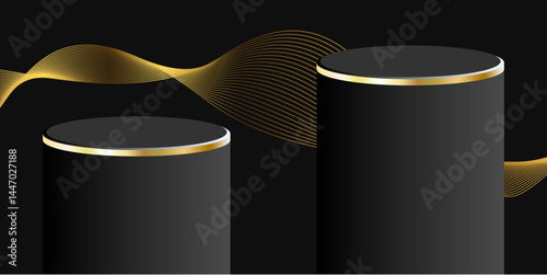 Elegant 3D luxury podium vector featuring dynamic lighting and gold accents. Ideal for premium product displays, branding, and modern promotional visuals.	