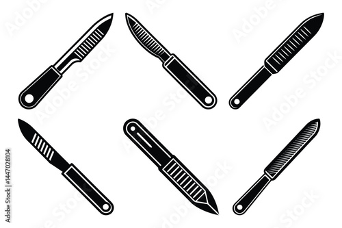 Scalpel icon silhouette set medical surgical surgery tool equipment use by doctor for postmortem body cut.