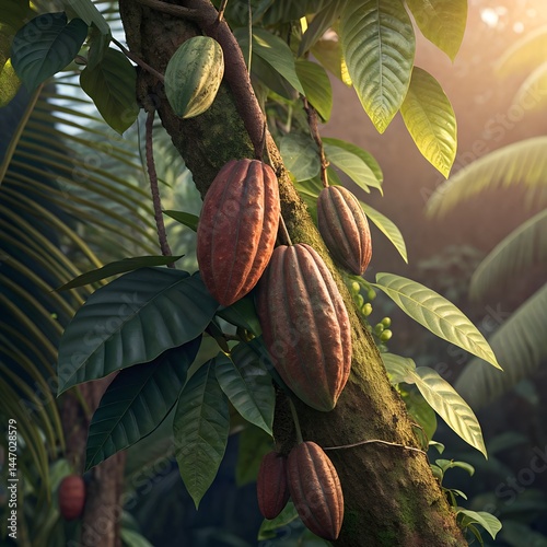 Close-up of Cacao (Theobroma cacao) Pods Hanging on Tree, Tropical Rainforest, Ripe Cocoa Pods, Chocolate Plant, Organic Cacao, Cocoa Beans Growing on Tree, Green and Red Cacao Pods, Harvesting Cocoa