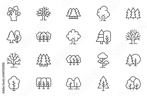 Tree and Forest outline Icon set. Modern Collection for Design, Web Sites, Apps, Cards. Tree Editable Stroke Line Icons