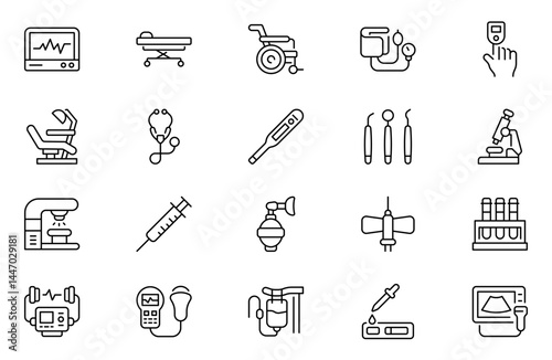 Medical equipment outline icons set. Linear icon collection. medical treatment for back, spine and neck pain, chiropractic equipment symbols. Editable stroke. Vector illustration