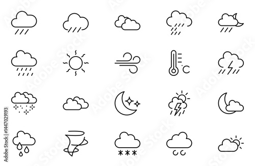 Weather line icon set. Weather forecast icon set. Clouds logo. Weather , clouds, sunny day, moon, snowflakes, wind, sun day. Vector illustration.