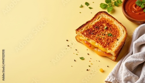 Vibrant grilled cheese set in the top left corner on a pale yellow background, in a modern food photography style, with golden warmth, open space, high resolution
