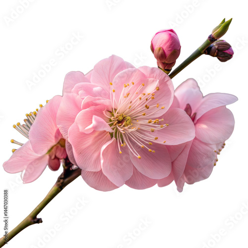 Delicate cherry blossom branch PNG with soft pink petals and blooming buds, perfect for Japanese-themed art, spring decor, greeting cards, botanical prints, or seasonal floral compositions.