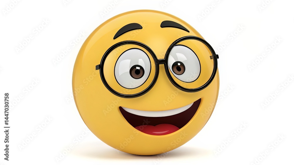 Fototapeta premium A nerd emoji with big round glasses and a wide smile, in classic yellow emoji style.