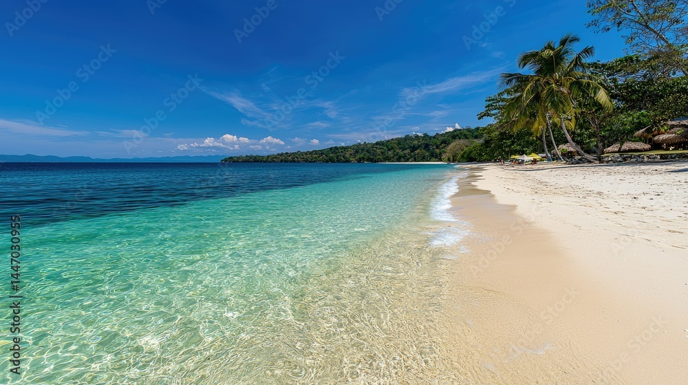 A beautiful pristine beach with crystal clear water and trees A beautiful pristine beach with crystal clear water and trees