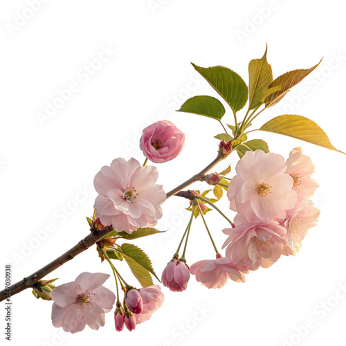 Rich blooming sakura branch PNG with opened and budding cherry blossoms plus green leaves, perfect for spring invitations, Asian designs, floral branding, nature prints, or wedding stationery.