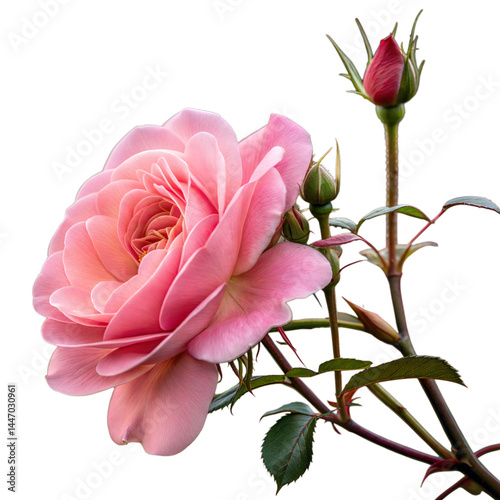 Elegant pink rose with realistic petals, green stem, and side buds PNG, perfect for romantic cards, floral branding, luxury packaging, wedding materials, or vintage-style rose compositions.
