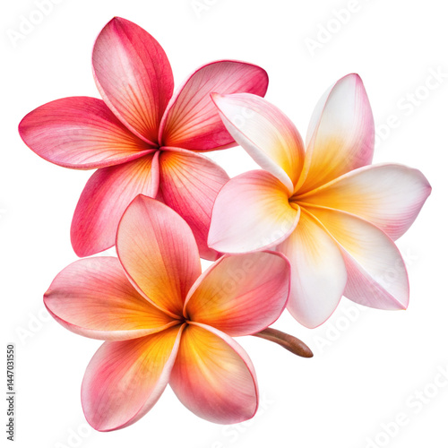 Colorful plumeria frangipani flowers PNG with red, yellow, and pink gradient petals, perfect for tropical-themed designs, spa branding, summer invitations, beach wedding decor, or exotic floral prints