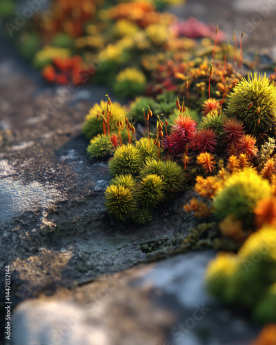 Colorful moss species cluster on aged stone surface with vibrant green, yellow, and red hues, creating lively natural texture in soft sunlight
