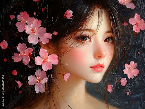 Serene woman, pink blossoms