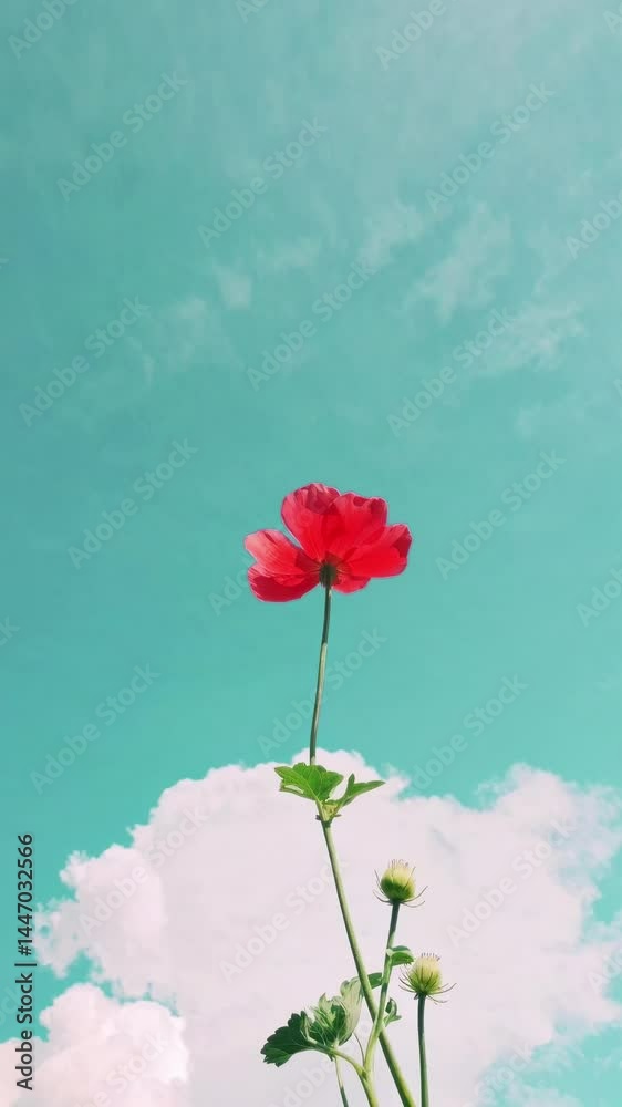 Low-angle shot of a vibrant red flower against a bright blue sky with clouds, creating a serene and uplifting video concept. Live mobile wallpaper.