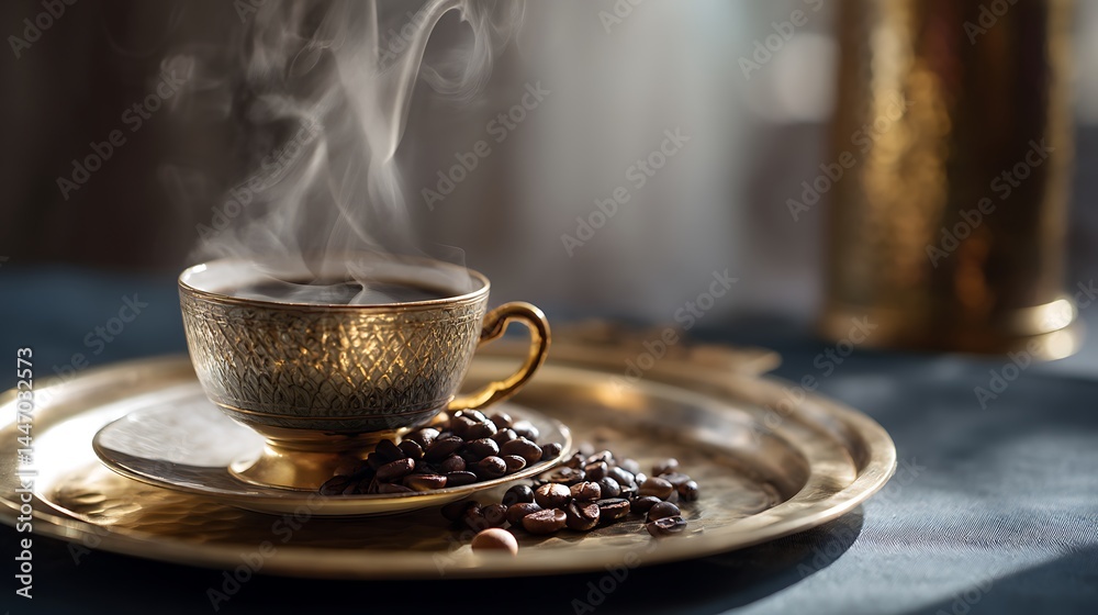 Fototapeta premium Steaming coffee in ornate cup with coffee beans