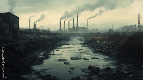 Wallpaper Mural Pollution from industrial factories contaminates river ecosystem, creating environmental damage Torontodigital.ca